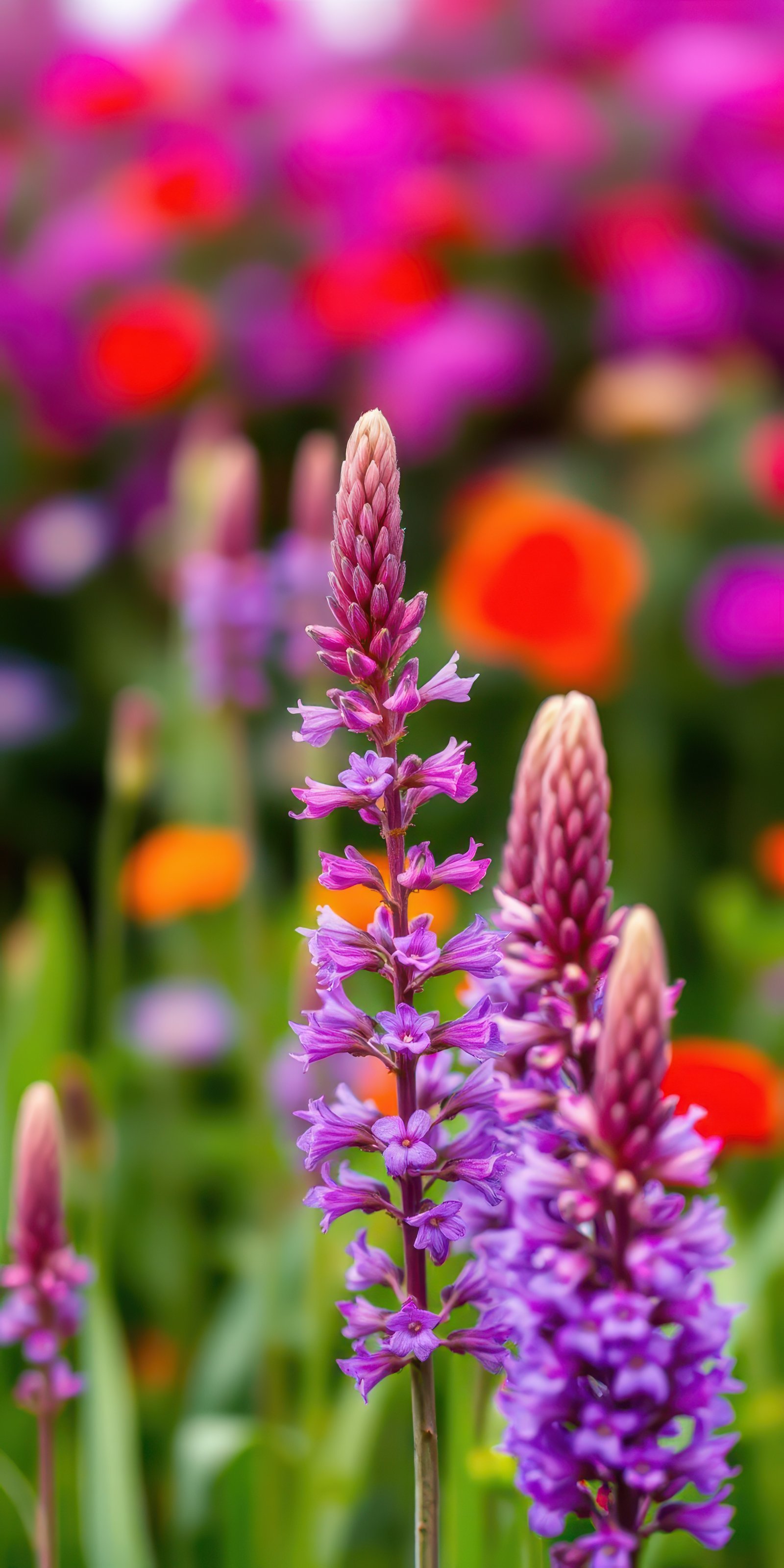 Vibrant purple flowers bloom amidst a colorful garden during springtime in a sunny location